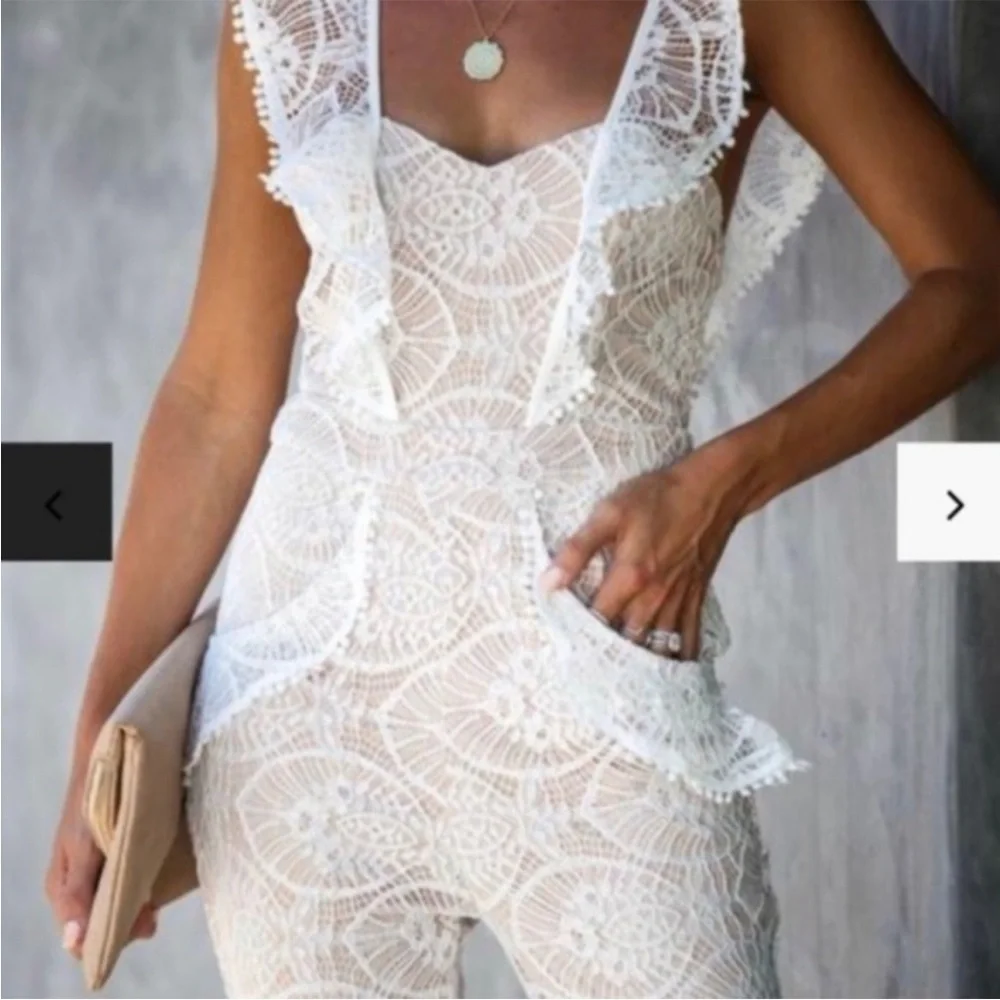 VICI Alpha & Omega White Lace Jumpsuit with Ruffle Shoulders, S - Picture 2 of 3